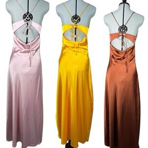 3 Elegant Satin Backless Dresses - Pink, Yellow, and Brown